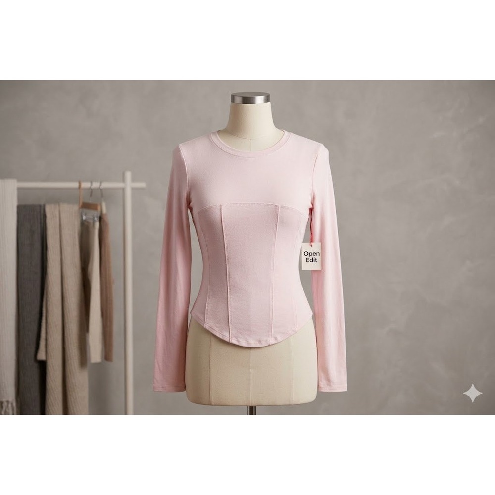 NWT Open Edit Pink Corset Seam Long Sleeve Top Curved‎ Hem XS